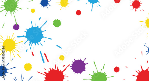 Various colorful paint splatters in multiple hues are arranged around the edges of a white background.