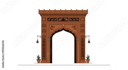 A richly carved brown wooden archway with elephant motifs and hanging bells is flanked by potted plants on a white background.