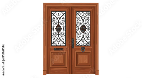 A grand double wooden door with intricate wrought iron grilles and ornate knockers is set against a white background.