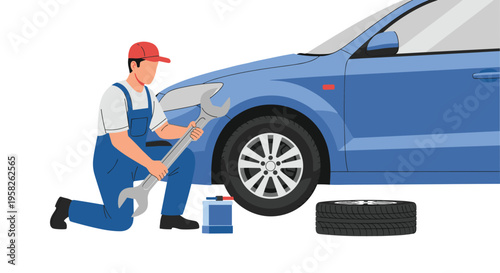 A male mechanic in blue overalls kneels beside a blue car, holding a large wrench during a repair.