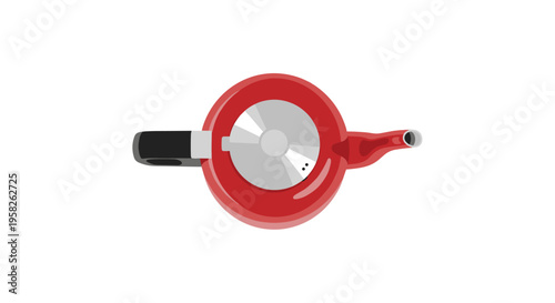 A red stovetop kettle is viewed directly from above, centered on a plain white background.