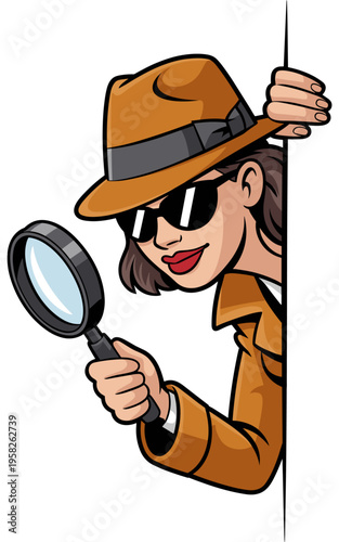 Cartoon detective woman peering from behind a wall edge holding a magnifying glass for an investigation, mystery concept illustration of a female investigator solving a secret case with a curious expr