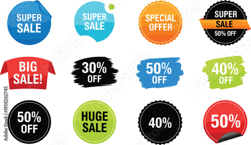 Set of colorful vector sale badges and promotional labels featuring super sale huge offer and discount percentages for retail marketing and seasonal shop advertising campaigns.