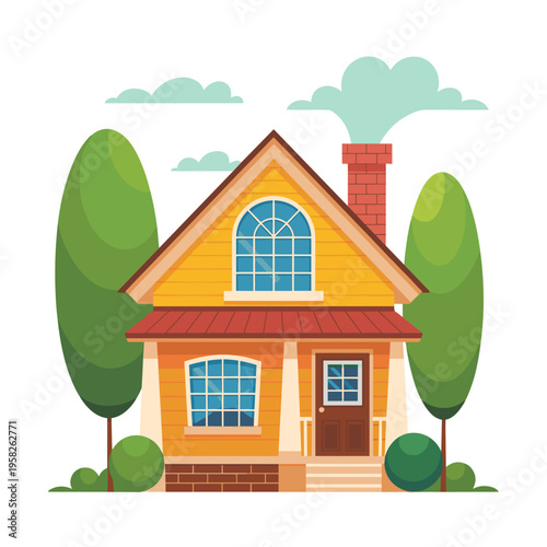 Charming suburban yellow house with brick chimney smoke and classic architectural details nestled in a serene green landscape representing a cozy family dream home for real estate lifestyle design con