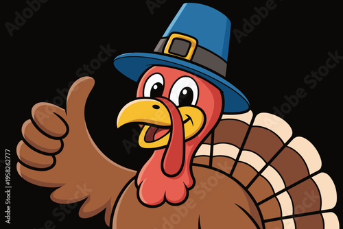 A happy brown turkey cartoon character wearing a traditional pilgrim hat giving a big friendly thumbs up gesture isolated on a black background for festive Thanksgiving autumn holiday greeting card de