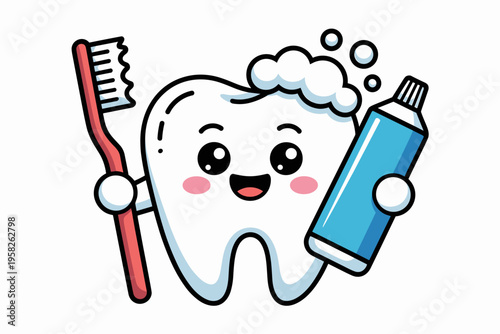 Happy cute tooth character holding toothbrush and toothpaste tube with bubbly foam, friendly cartoon mascot illustration for dental hygiene education, oral care awareness, pediatric health, dentistry 