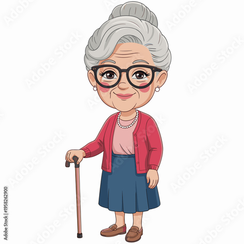 Elderly lady with grey hair and glasses in a pink shirt and red cardigan standing with a wooden walking cane isolated on white background, gentle retiree character for healthcare, nursing home or well