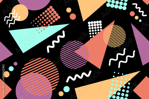 Memphis design seamless repeat pattern. Memphis 80s geometric colorful creative design vector illustration. For textile, texture, fabric wrapping, decorative, wallpaper, shirts, clothing, tablecloth