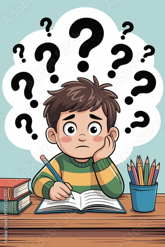 Confused young boy struggling with schoolwork homework sitting at a wooden desk with a notebook and pencils thinking hard with floating question marks overhead, representing academic stress education 