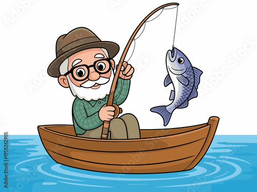A happy senior man wearing a fedora hat and glasses sits in his wooden rowboat fishing for fresh aquatic bass in a calm blue lake, capturing the peaceful leisure lifestyle of a joyous retired hobbyist