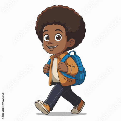 Happy schoolboy with dark curly hair walking to primary education wearing a casual tan jacket and blue backpack illustration isolated on white background showing joyful student lifestyle for academic 