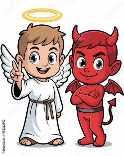 Cartoon guardian angel and mischievous little devil vector illustration standing together representing duality between good and evil character concepts for moral choices education kids design and meta