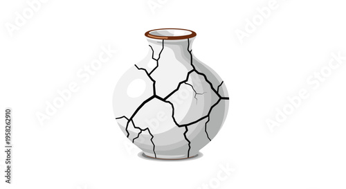 A round white ceramic vase with a brown rim and prominent black crack lines covers its surface on a plain white background.