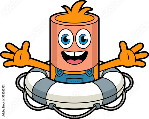 A happy cute orange pipe character wearing blue overalls floating in a white life preserver ring for water safety awareness education, a fun cartoon mascot design for construction, plumbing, and pool