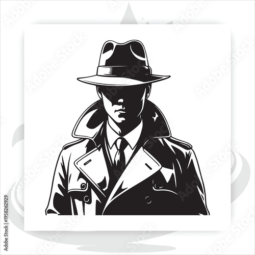Mysterious Silhouette: An illustration of a figure of a detective, shrouded in secrecy and mystery, with the shadowed face and attire, evoking intrigue and clandestine activities.