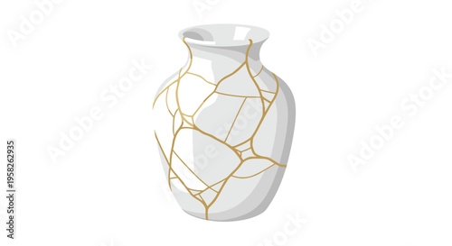 An elegant white ceramic vase with intricate gold kintsugi repair lines stands centrally on a plain white background.