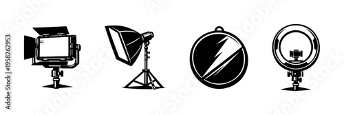 Studio lighting equipment silhouettes, vector illustrations of photography lighting tools