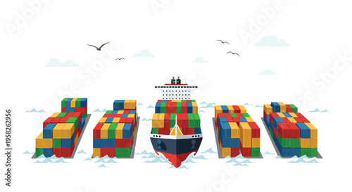 A large cargo ship is navigating through a calm blue ocean, surrounded by four massive stacks of colorful shipping containers under a cloudy sky.
