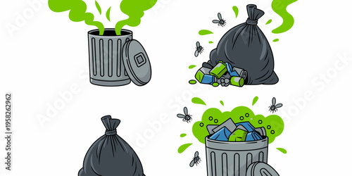 Set of foul smelling garbage cans and leaking trash bags isolated on white background depicting household waste removal environmental pollution sanitation challenges dirty urban refuse smelly disposal