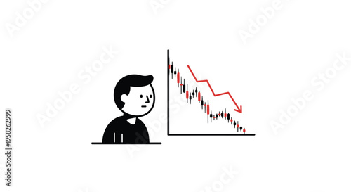 A minimalist illustrated person with a neutral expression is observing a stock market candlestick chart showing a clear downward trend against a white background.