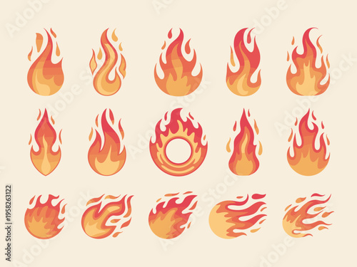 Set of diverse flat flame vector graphics featuring stylized fire icons collection burning embers inferno silhouettes energy symbols for logo design web graphics gaming interface or conceptual illustr