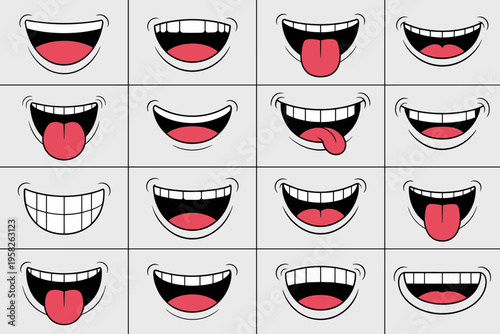Cartoon mouth expressions set featuring various smiling, laughing, and grinning human teeth styles, wide happy mouths showing tongue, joyful comic facial features for character design, vector graphic 