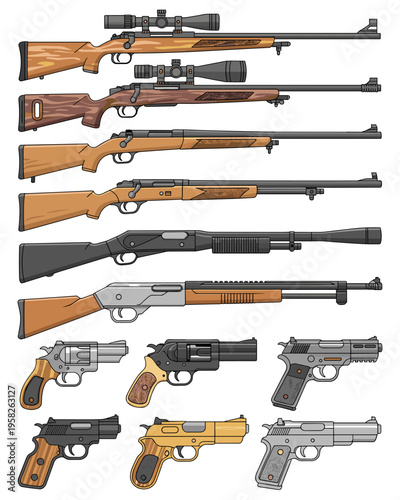 Set of modern firearms including bolt action hunting rifles with scopes, pump action tactical shotguns, classic revolvers and semi automatic pistols isolated on white background, vector hunting equipm
