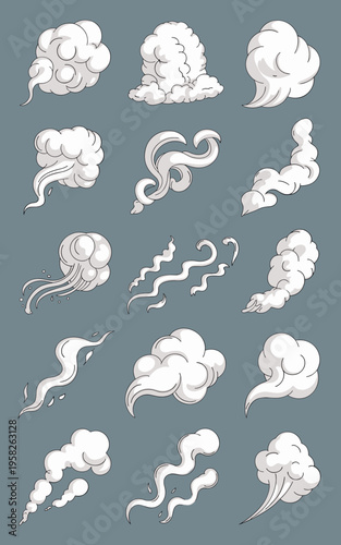 Set of cartoon smoke clouds, steam puffs, and dynamic vapor trails for character animation, comics, or graphic design, featuring billowy shapes, swirling mist, air effects, abstract illustrations, vec