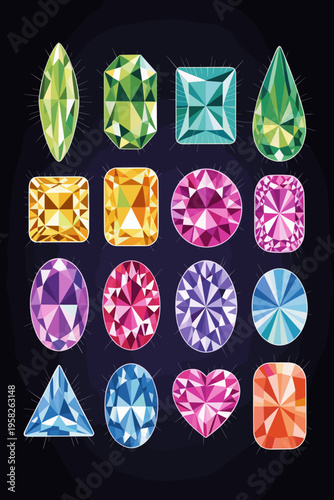 Set of colorful faceted gemstones featuring various classic jewelry cuts like marquise heart emerald round and pear shapes isolated on black background vector flat illustration for luxury design proje