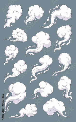 Cartoon smoke clouds collection featuring dynamic steam puffs, fluffy white vapor trails, and abstract explosive gas bursts for action motion effects, graphic design assets, vector comic style art pro
