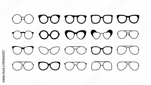 Set of diverse black silhouette eyewear frames collection featuring round aviator cat eye hipster and vintage optical glasses styles perfect for fashion design retail graphic asset projects and style 