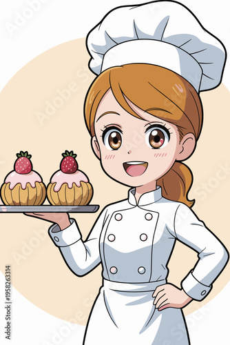 Anime style female pastry chef holding a silver tray with two delicious strawberry topped cupcakes, wearing a traditional white uniform and toque hat, professional kitchen setting, cheerful culinary c