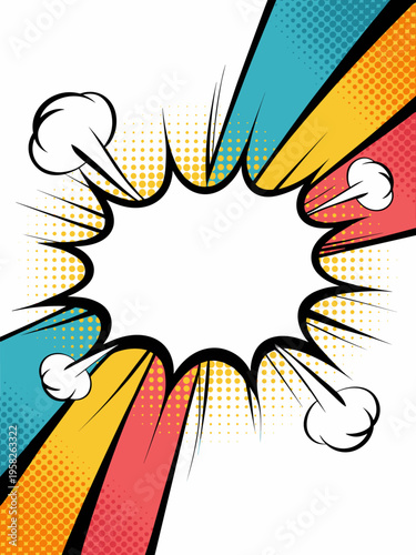 Comic book style speech bubble explosion vector background with halftone dot texture patterns vibrant retro pop art graphic design comic strip speech balloon visual element empty frame for creative me