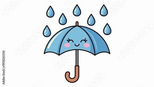 Cute cartoon blue umbrella character smiling during a rainy weather day featuring falling water raindrops in a vibrant flat vector design isolated on white background for children nursery decor and ki