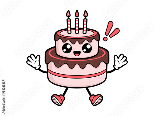 Happy kawaii birthday cake character cartoon jumping with excitement adorable sweet dessert mascot illustration festive celebration treats party snacks colorful pastry design bakery icon for kids fun 