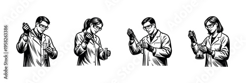 Scientists in lab coats conducting experiments, black and white vector illustration