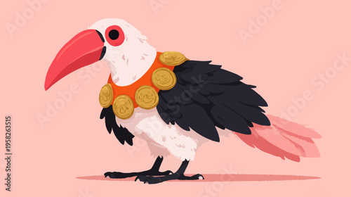 A cartoon bird, white, black, and red, adorned with gold coins, set against a pink backdrop