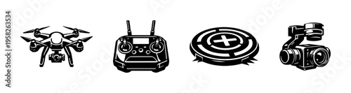 Vector silhouette of drone equipment including drone, remote control, landing pad, and camera gimbal