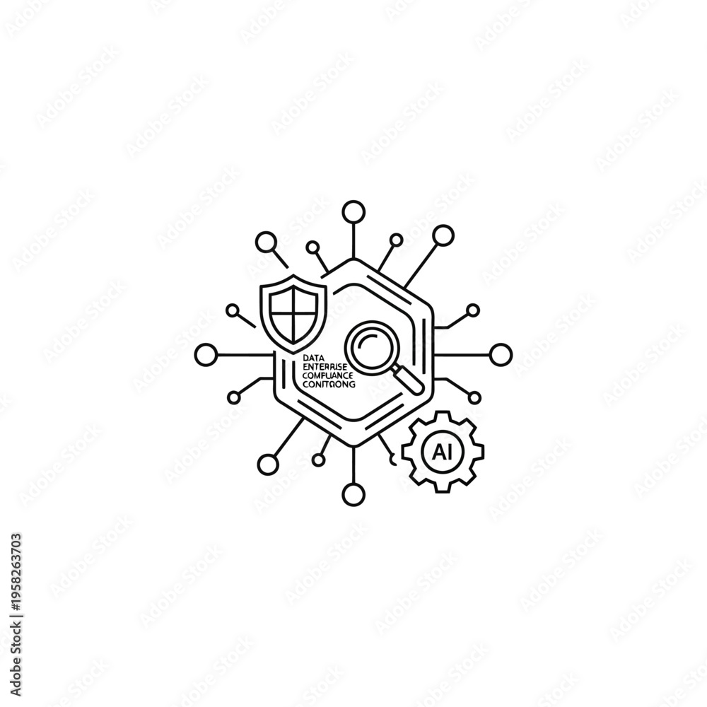 Obraz premium Abstract illustration of cybersecurity, data protection, AI, and compliance with a shield, magnifying glass, and gear icon.