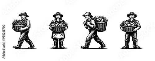 Farmers carrying produce illustration, rustic theme, black and white vector, agricultural clipart