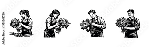 Black and white vector illustrations of florists arranging floral bouquets