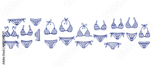 Hand drawn bikini with geometric pattern vector illustration. Blue line art patterned swimwear sketch isolated on transparent background