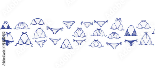 Hand drawn halter neckline bikini set. Blue ink sketch swimwear elements. Vector illustration isolated on transparent background