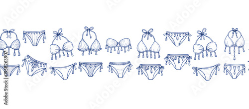 Hand drawn bikini set with tassel detail. Blue line art summer swimwear collection. Vector illustration isolated on transparent background
