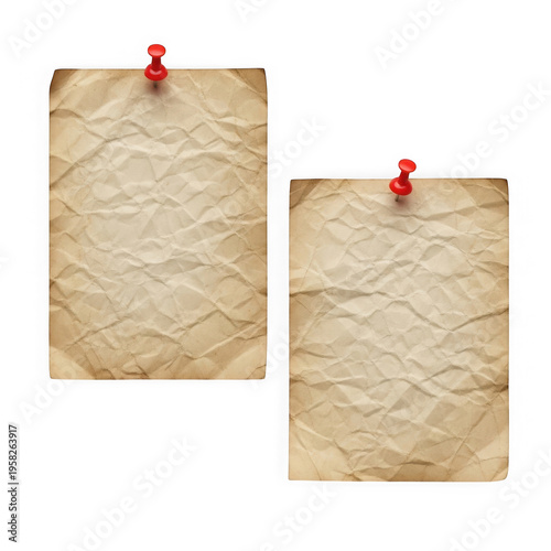 Two vintage papers pinned with red pushpins on a neutral background