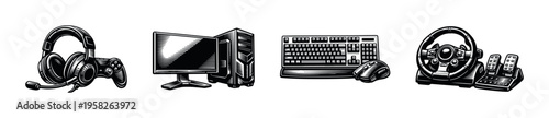 Black and white illustration of gaming equipment featuring headset keyboard monitor and racing wheel