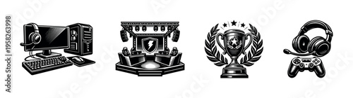 Gaming vector icons silhouette featuring pc setup trophy headset controller esports illustration
