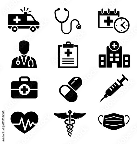 Medical and Healthcare Icons Set – Hospital, Doctor, Emergency, Pharmacy Symbols