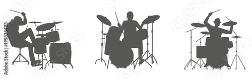 Drummer silhouette set playing drum kit – musician band performance illustration