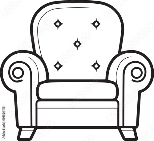Minimalist black and white armchair icon isolated on white background